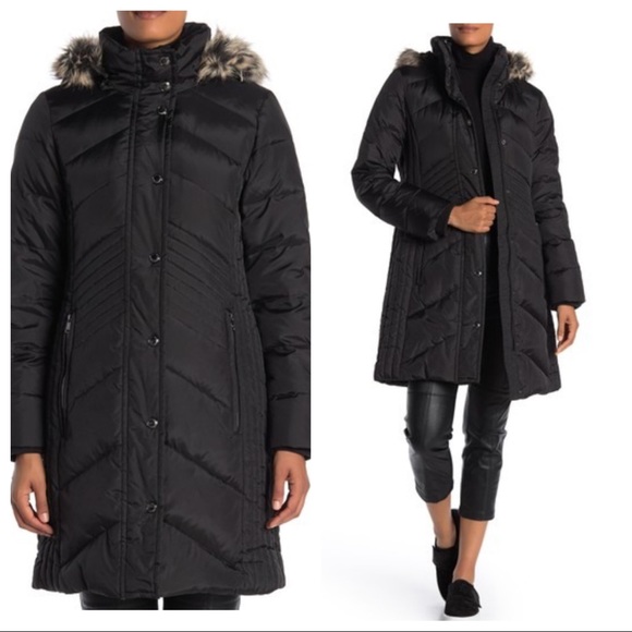 london fog faux fur trim hooded zip puffer down jacket